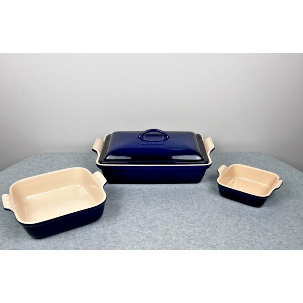 Le Creuset Heritage Rectangular Baking Dish w Lid + Square Dish x2  Blue Enamel